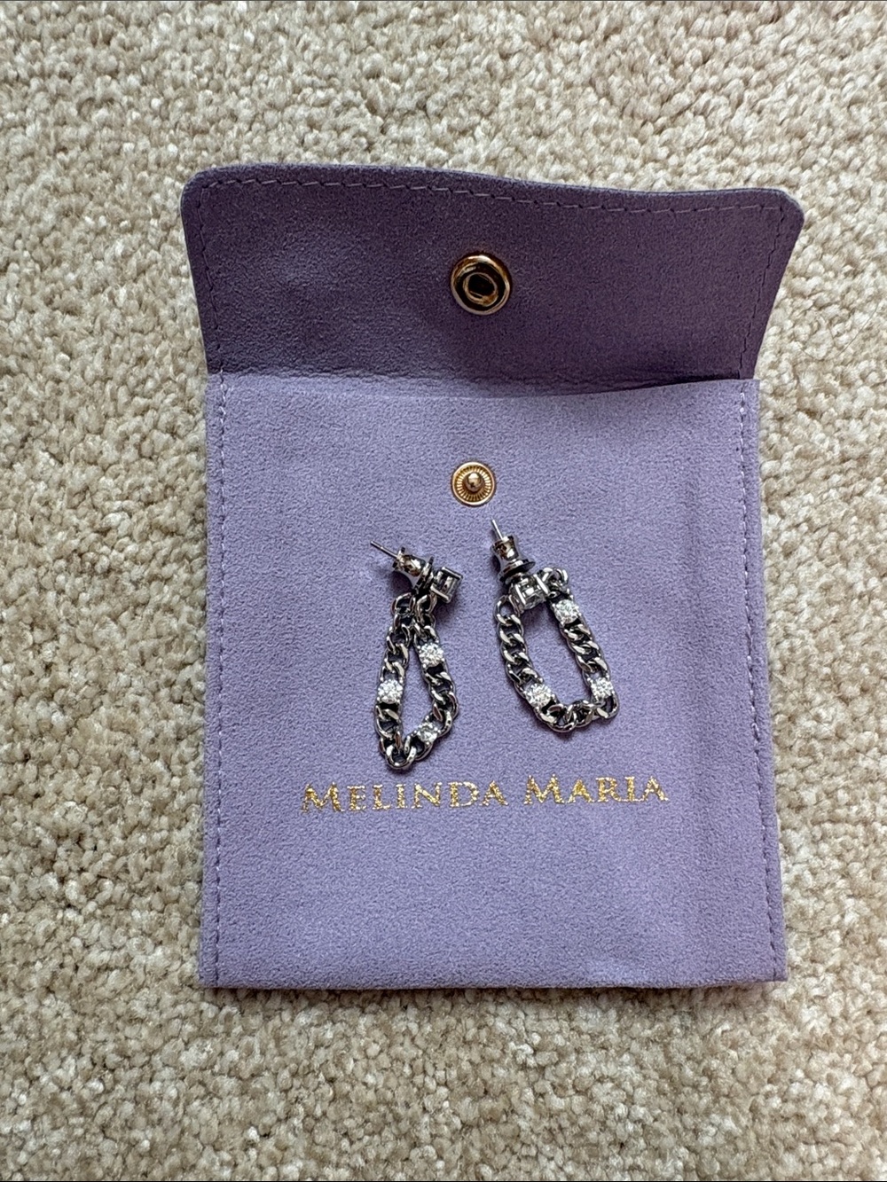 Melinda Maria Silver Julian Chain-Link Hoop Drop Earrings with Lavender Pouch